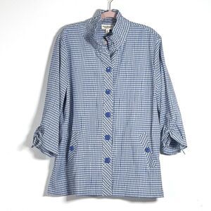 Norm Thompson Button Up Jacket Top Sz XL Blue Gingham 3/4 Sleeve Wire Collar